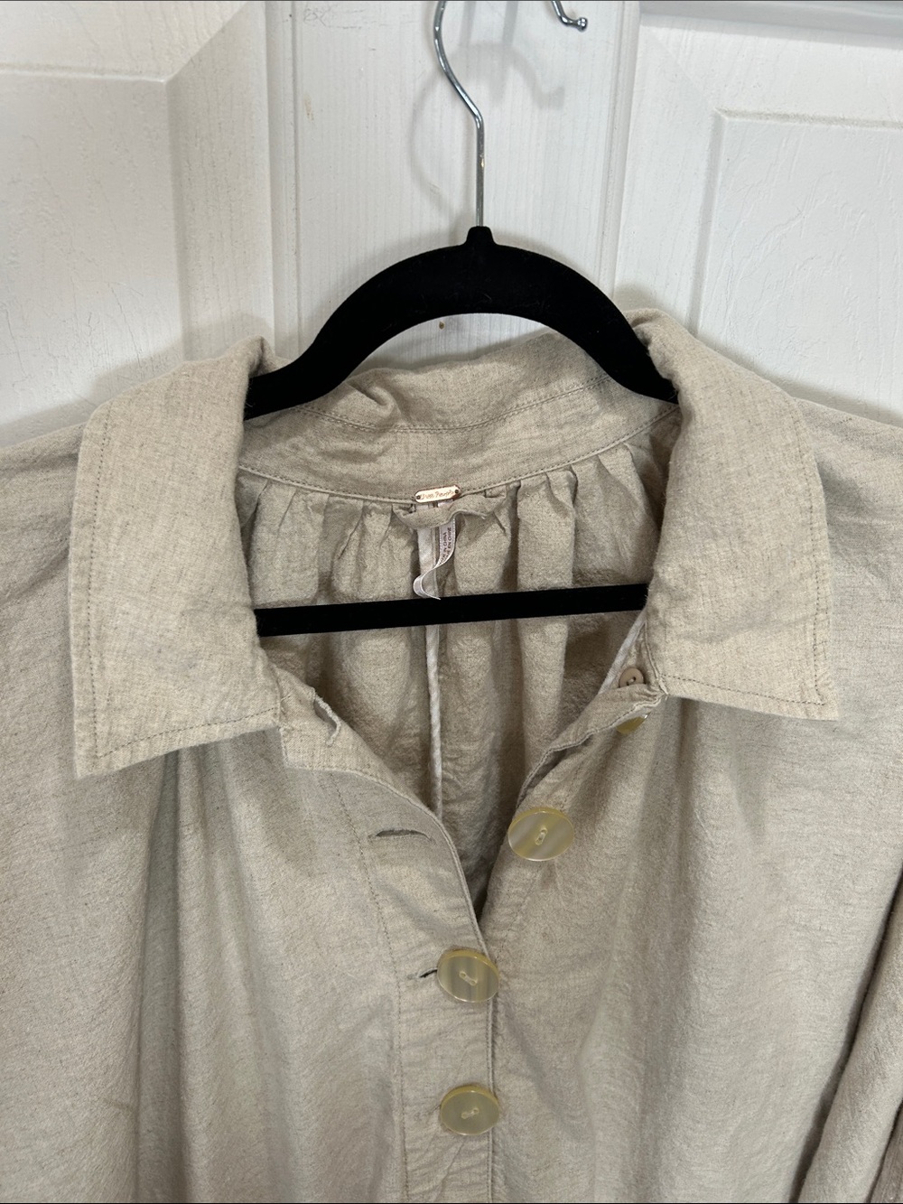 Free People Linen Blend Button Down Maxi Dress Duster Pockets Beige Large - Picture 4 of 12
